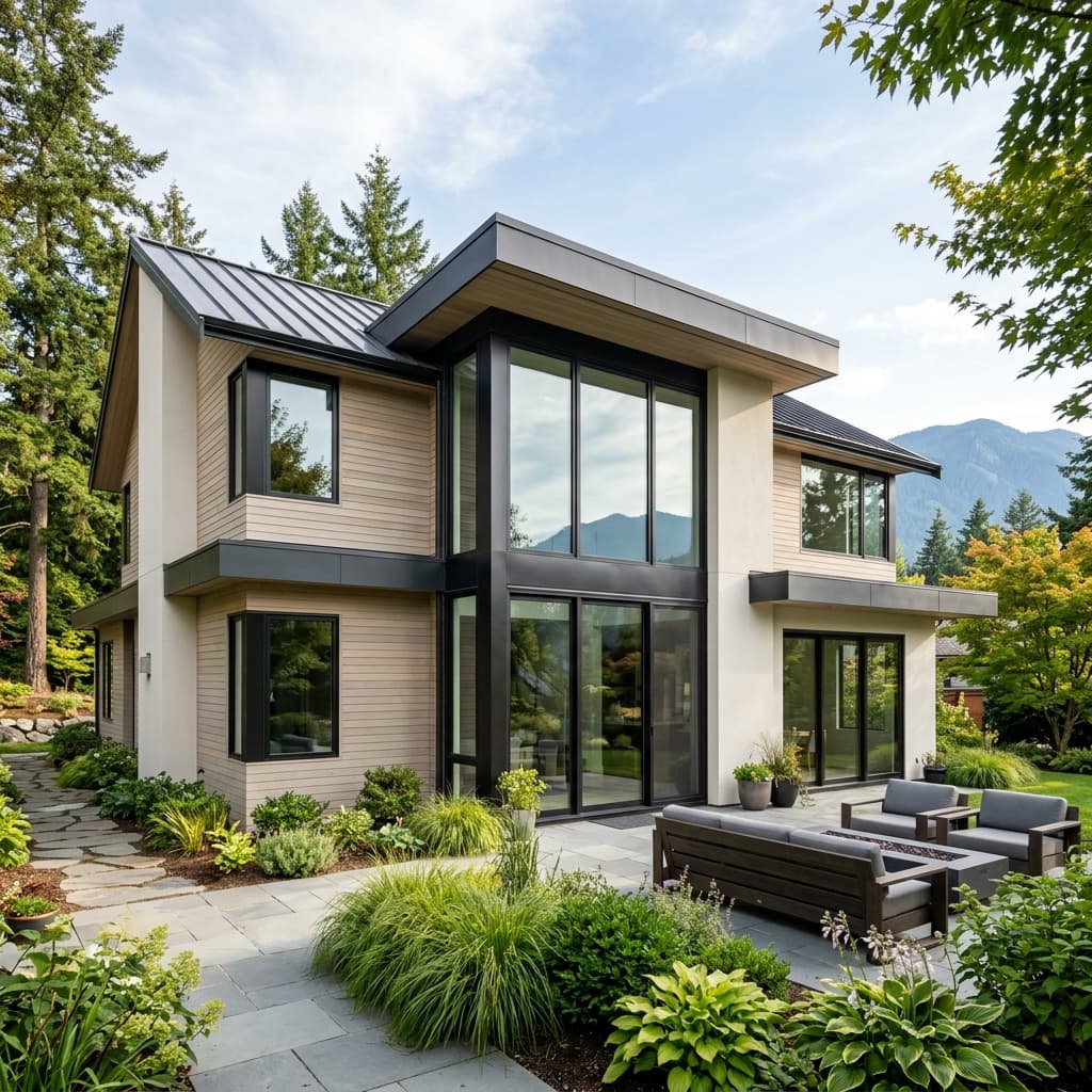 A stunning modern home featuring striking black fiberglass window frames contrasting with light neutral siding
