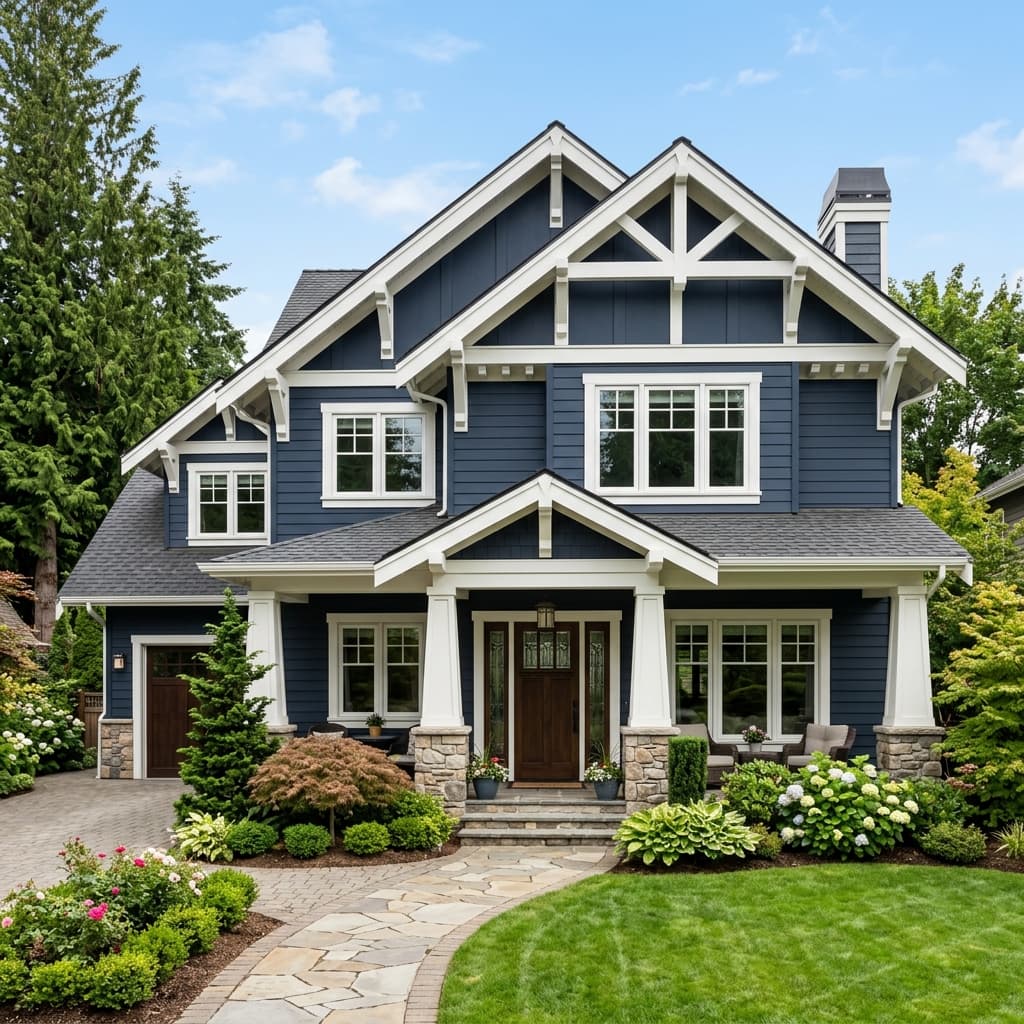 A beautiful craftsman style home clad in pristine, perfectly painted dark blue fiber cement lap siding with crisp white trim