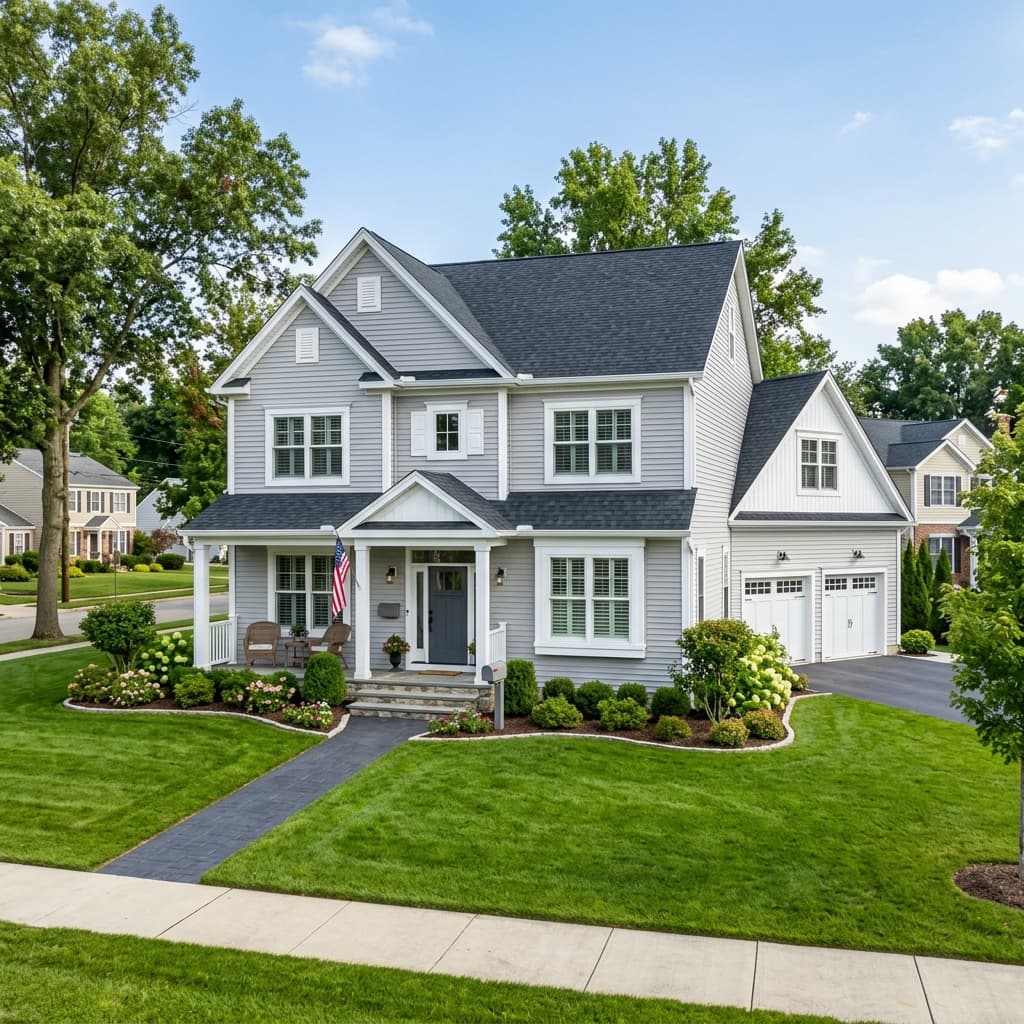 A beautiful, freshly painted suburban home with light gray vinyl siding, crisp white trim, and a dark charcoal roof