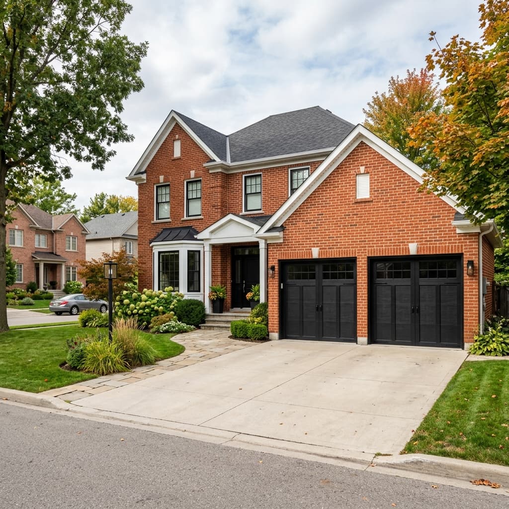 A beautiful home showcasing Black Garage Doors on Red Brick
