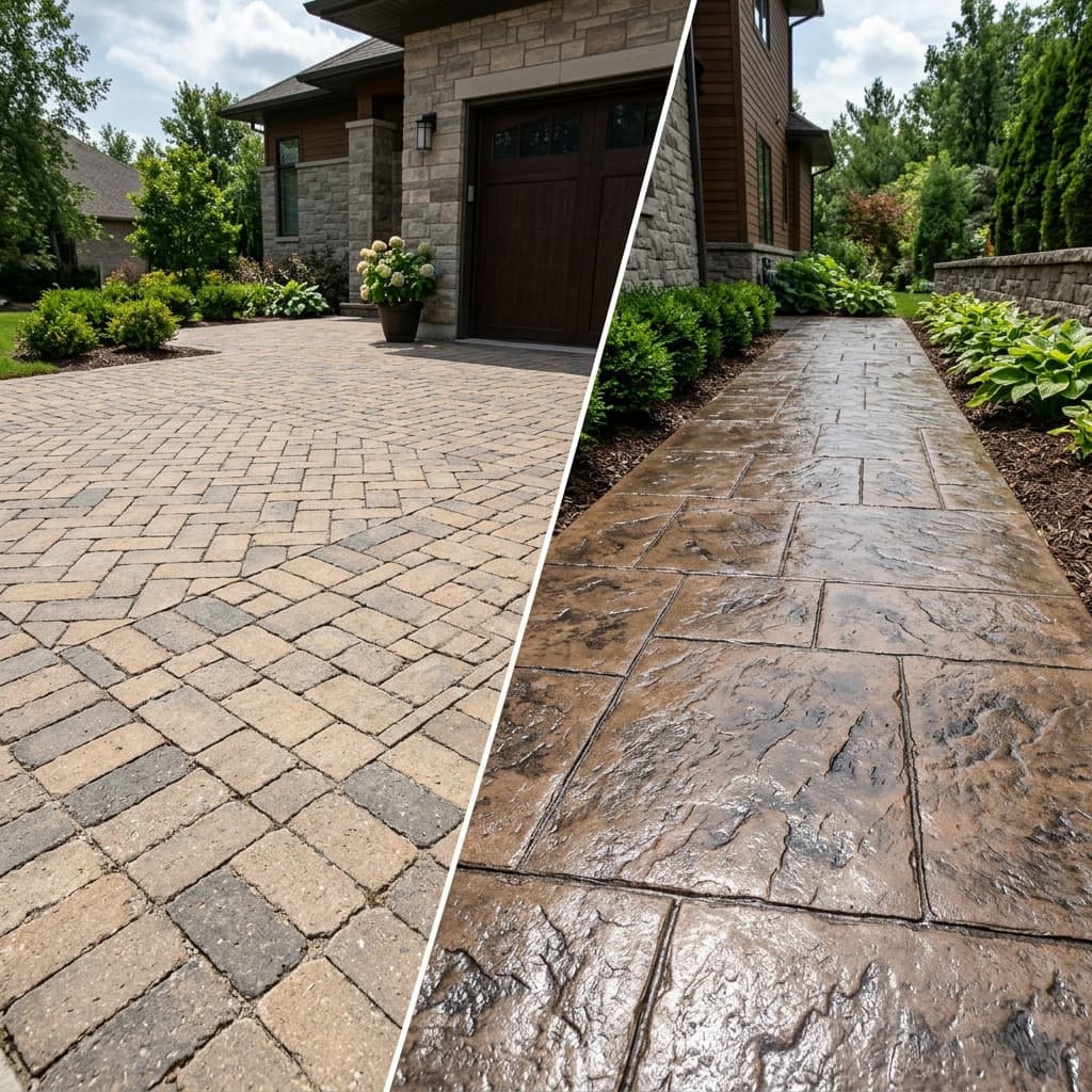 A beautiful home showcasing Stamped Concrete vs Pavers