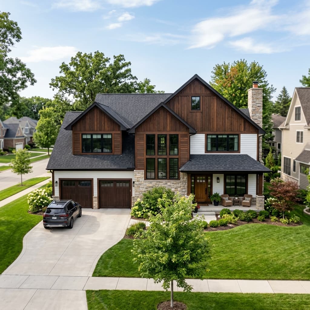 A beautiful home showcasing Wood vs Black Fiberglass