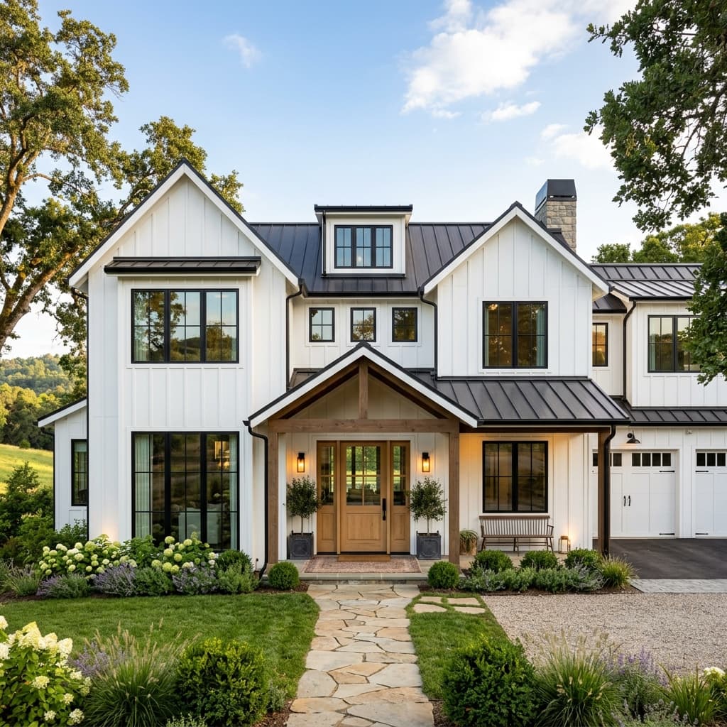 A stunning modern farmhouse exterior featuring crisp white board and batten siding, striking black window frames, and a natural wood front door