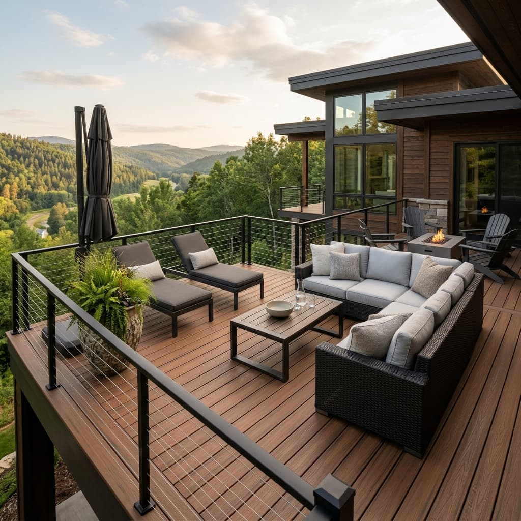 A luxurious outdoor deck featuring high-quality composite decking in a rich warm brown tone with modern dark metal railings