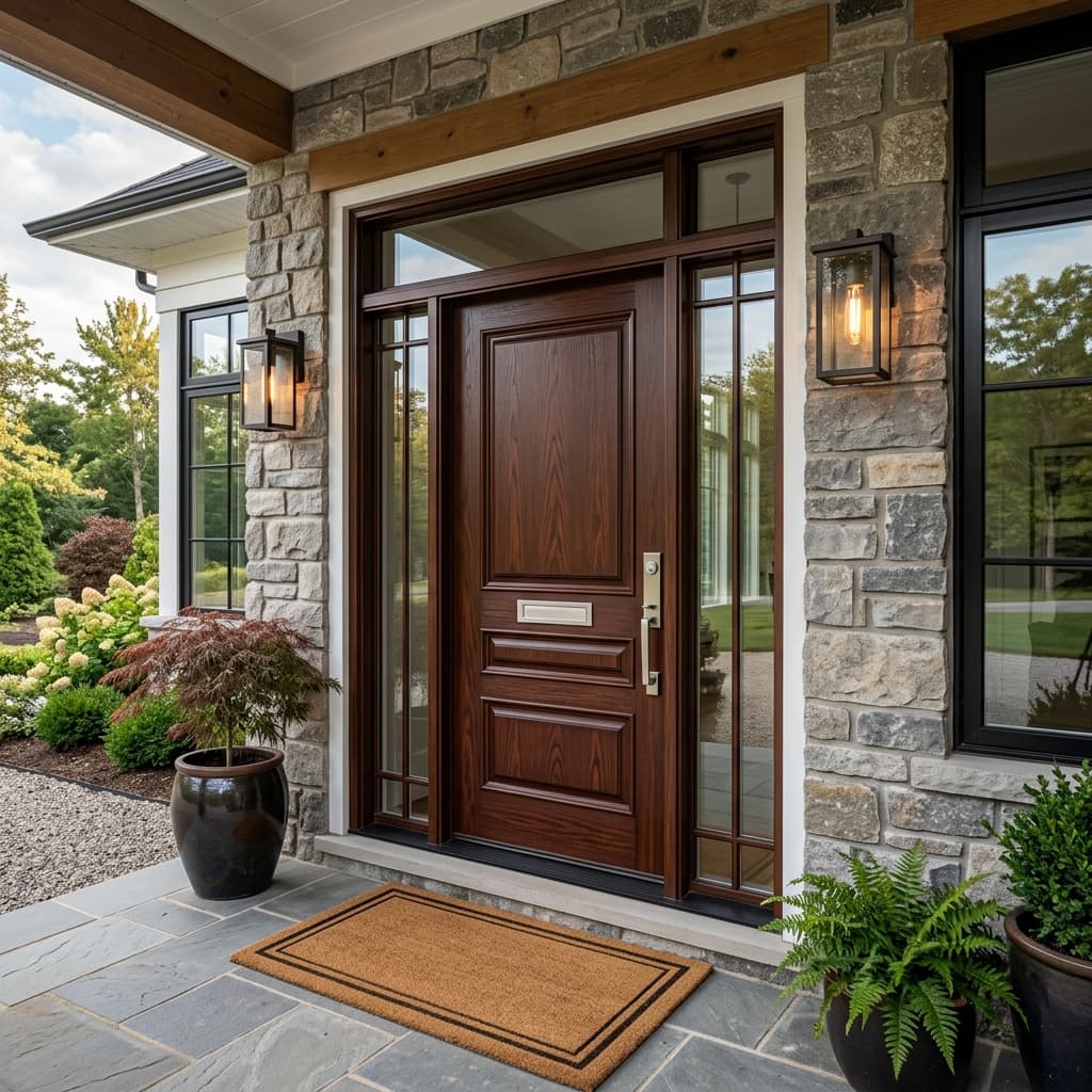 A luxurious, realistic wood-grain fiberglass front door in a rich mahogany finish, flanked by modern glass sidelights
