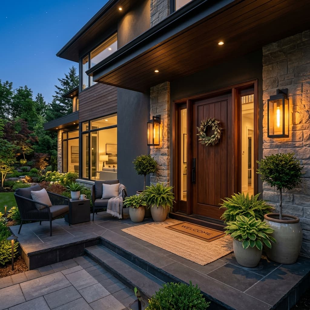 A welcoming, beautifully designed front porch of a luxury home at dusk featuring two large sleek modern black sconce lanterns flanking a beautiful wood entry door