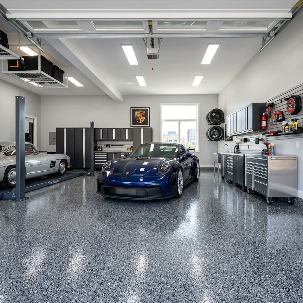 A pristine professional garage interior featuring a high gloss gray flake polyaspartic floor coating with luxury cars