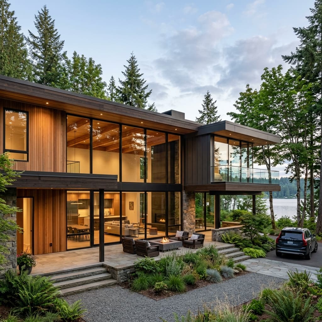 A stunning modern contemporary house exterior featuring massive picture windows with clean, unobstructed gridless glass