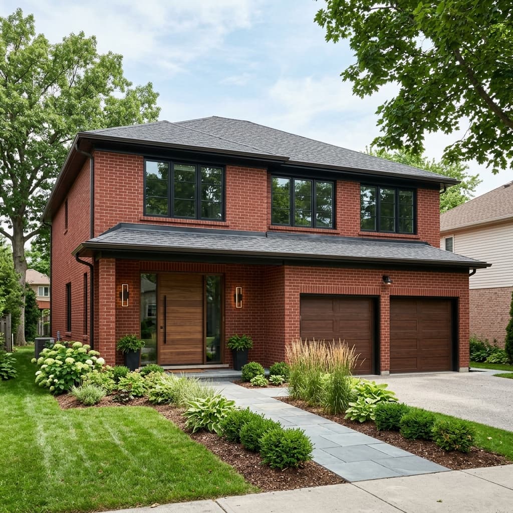A modernized 1990s red brick home featuring dark window frames, dark bronze gutters, and a sleek modern horizontal wood front door
