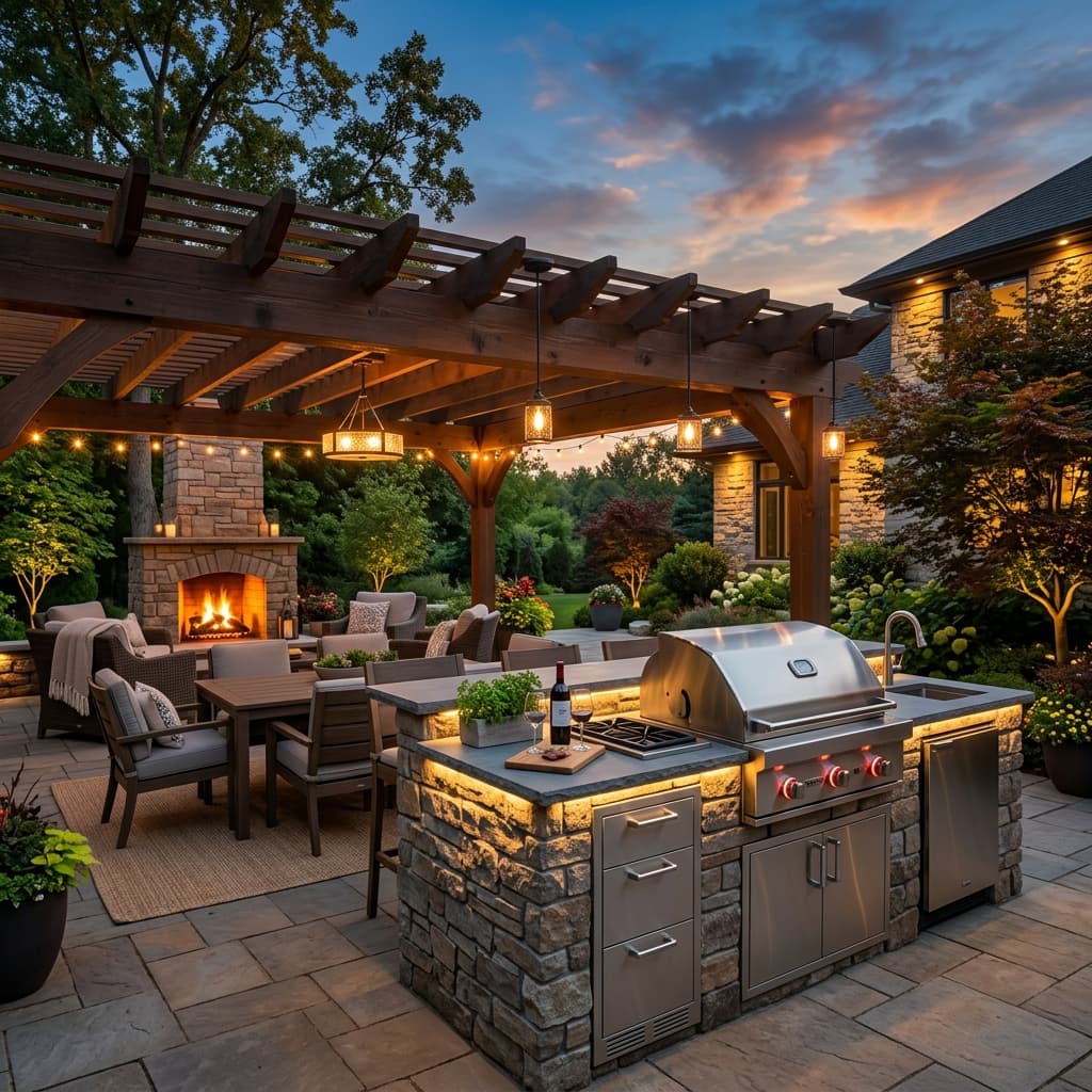 A luxurious outdoor kitchen patio featuring a built-in stainless steel gas grill, natural stone masonry island, and comfortable seating under a modern wood pergola