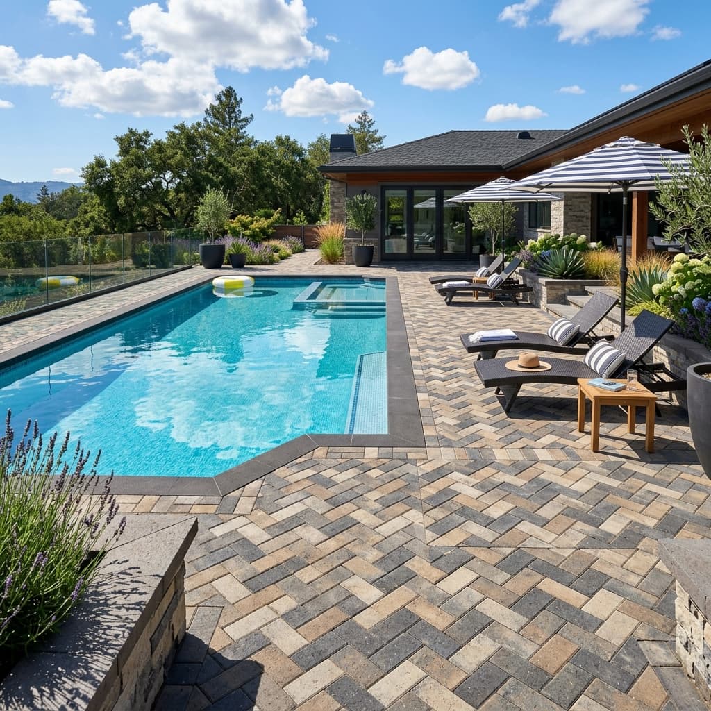 A beautifully textured, multi-colored luxury interlocking paver patio adjacent to an inground swimming pool