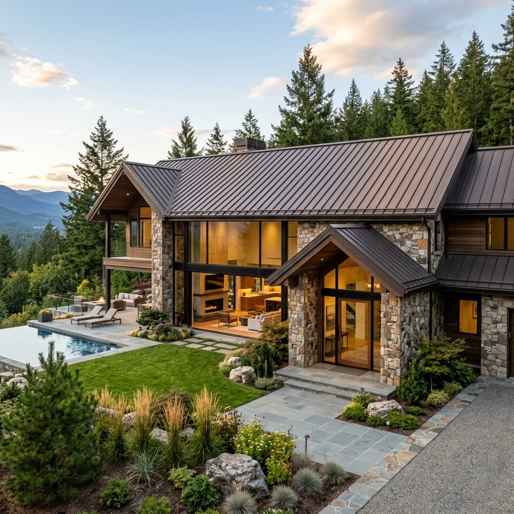 A luxury home with a striking dark bronze standing seam metal roof, natural stone exterior facade, and large windows