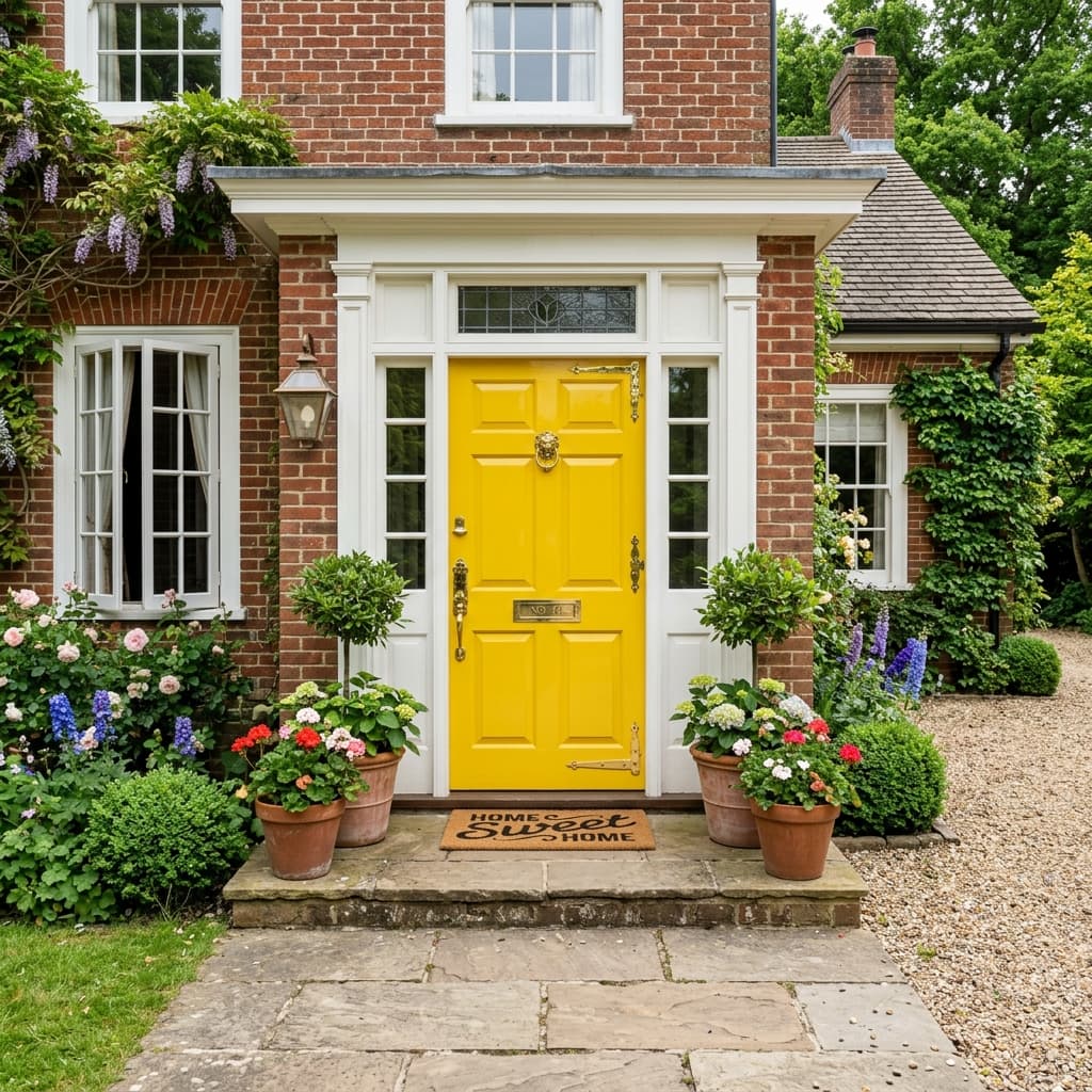 A classic historic home exterior featuring an eye-catching, high gloss yellow front door with beautiful brass hardware
