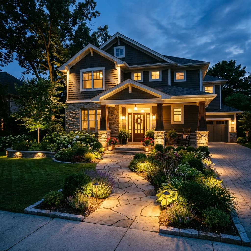 A beautiful home showcasing Lighting for Curb Appeal