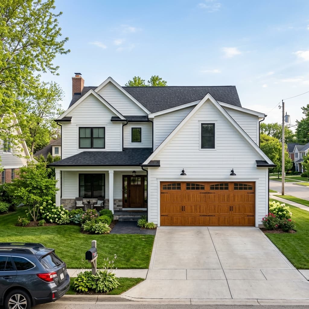 A beautiful home showcasing Faux Wood on White House