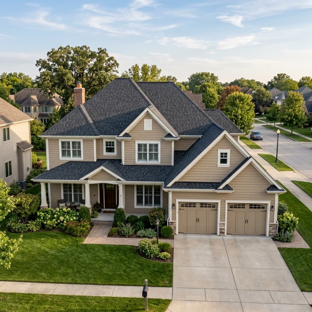 A beautiful home showcasing Shingle Colors for Tan Siding